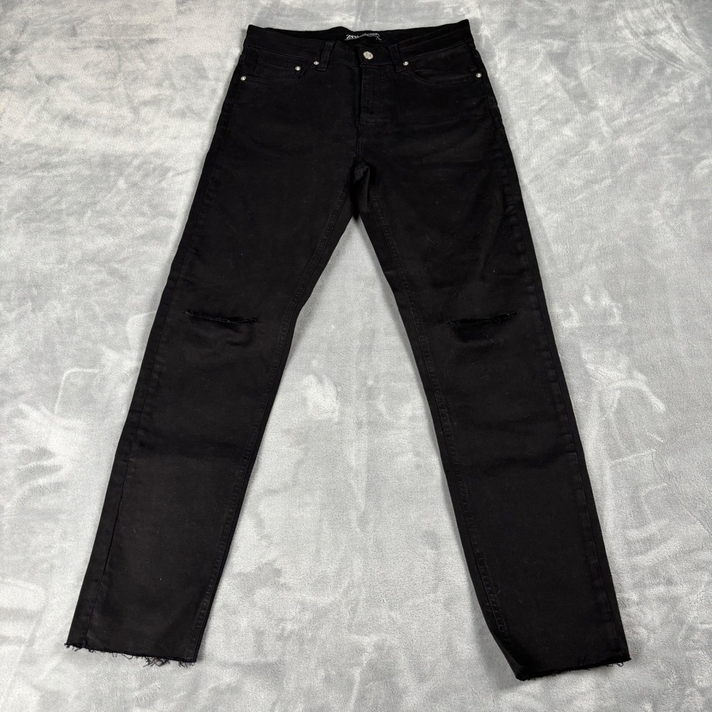 ZARA Men Black Distressed‎ Straight Leg Jeans Raw Hem Size 30x28